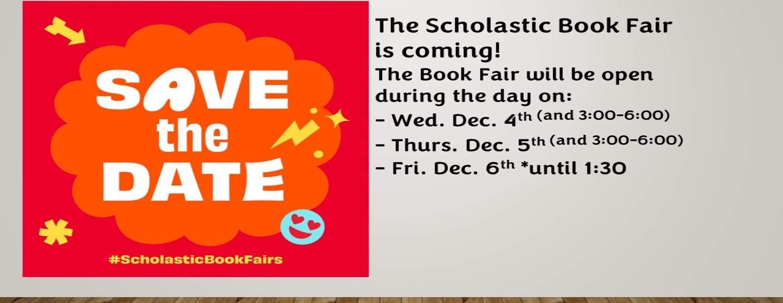 Red and white with text about saving the date for Book Fair